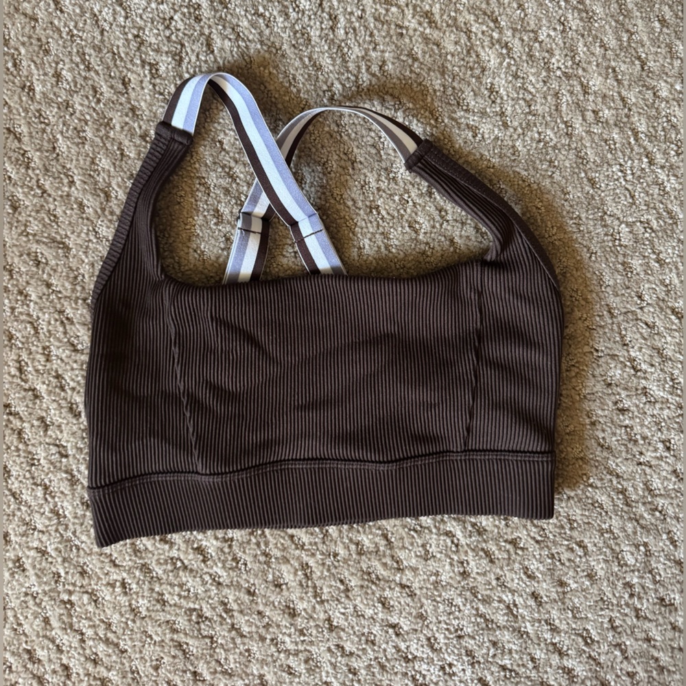 Lorna Jane Brown Ribbed Sports Bra with Striped Straps